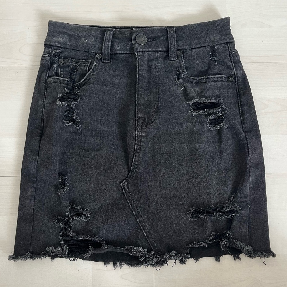 American Eagle Distressed Black Mini Denim Skirt